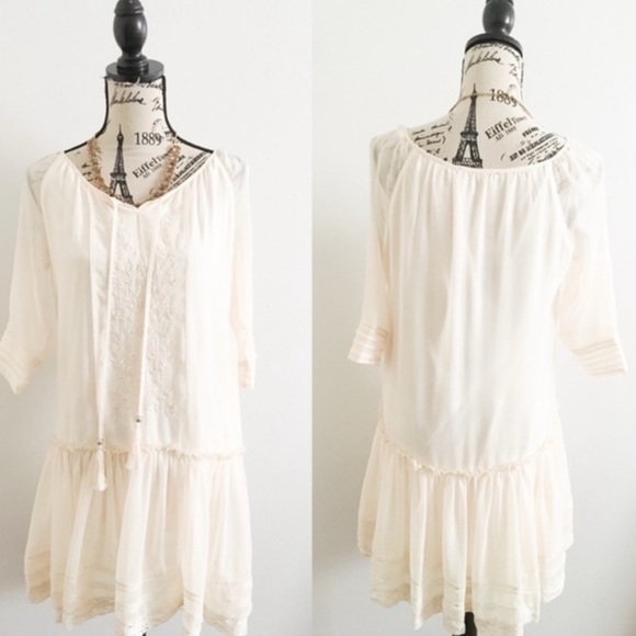 Anthropologie | Hazel Beige Embroidered Trim Poly Shift Dress ,EUC,Size Medium - Picture 3 of 13